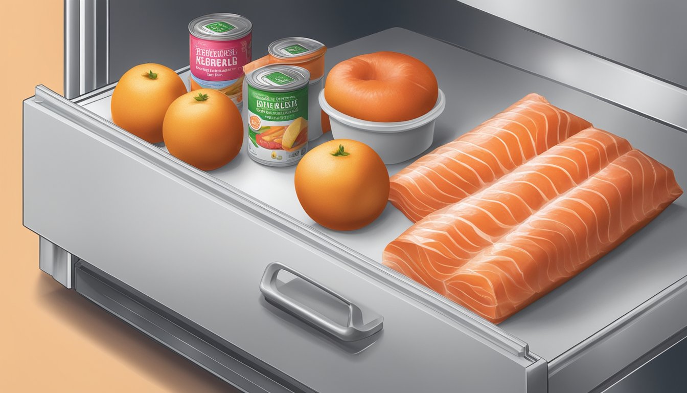 A package of lox sits on a refrigerator shelf next to other food items