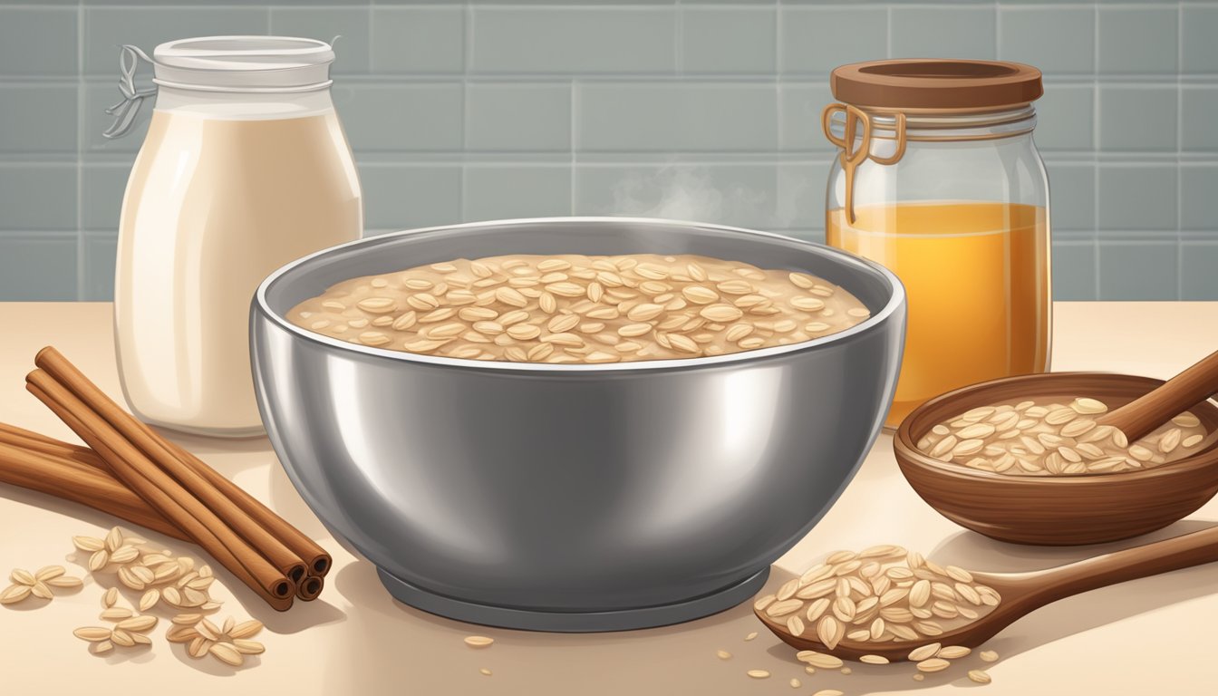 A bowl of oatmeal sits on a counter next to a carton of milk and a jar of honey. The steam rises from the warm oatmeal, and the aroma of cinnamon and nutmeg fills the air