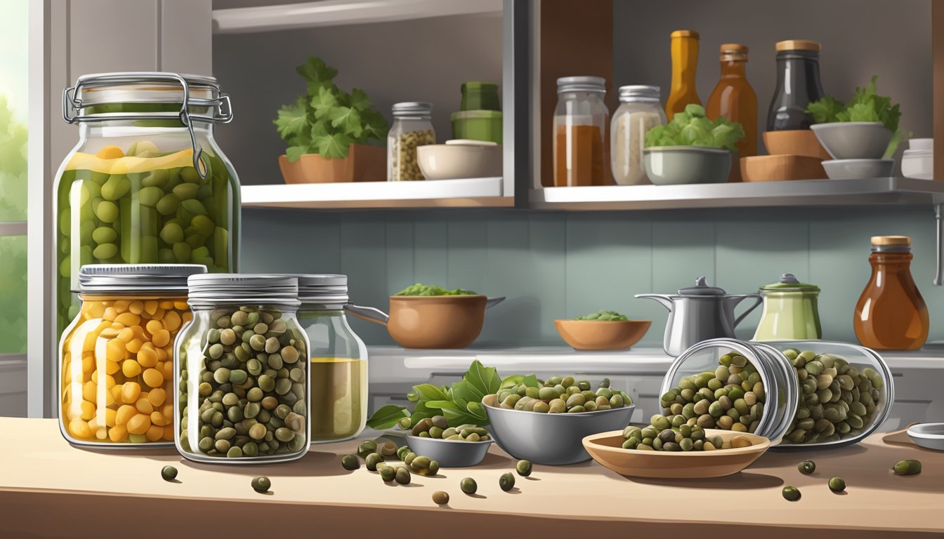 A jar of capers sits on a kitchen counter, next to an open refrigerator door. The capers are surrounded by various other condiments and ingredients