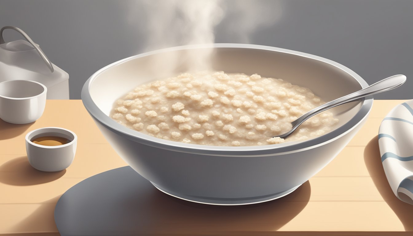 A bowl of cooked oatmeal sits on a kitchen counter, with a spoon resting beside it. A faint steam rises from the warm oatmeal