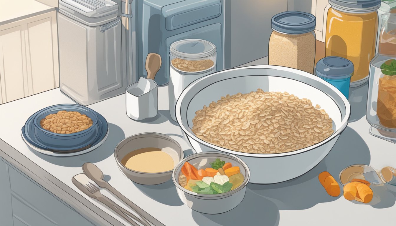 A bowl of oatmeal sits on a kitchen counter, surrounded by various containers of leftovers. The refrigerator door is open, with a hand reaching in to grab something