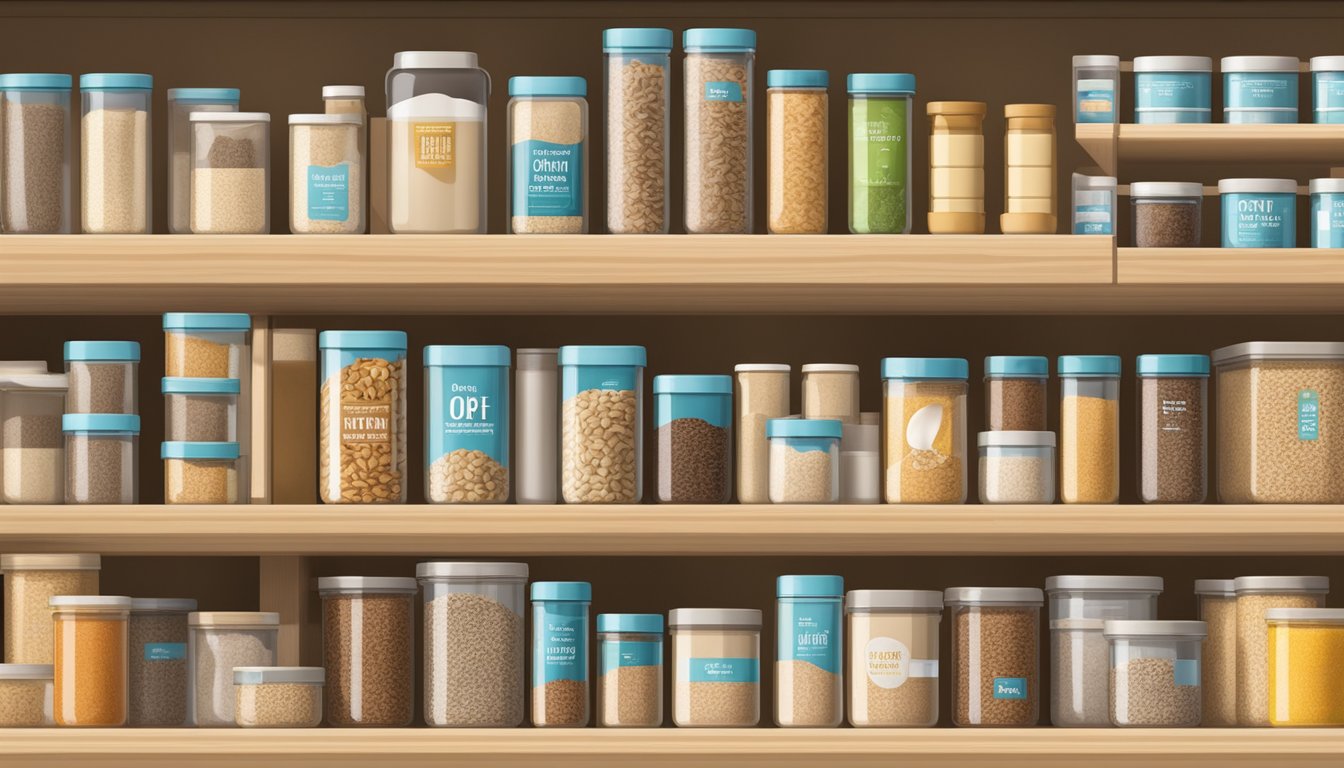 A pantry shelf with a variety of oatmeal containers, some open and some sealed, surrounded by bags of oats and airtight storage containers