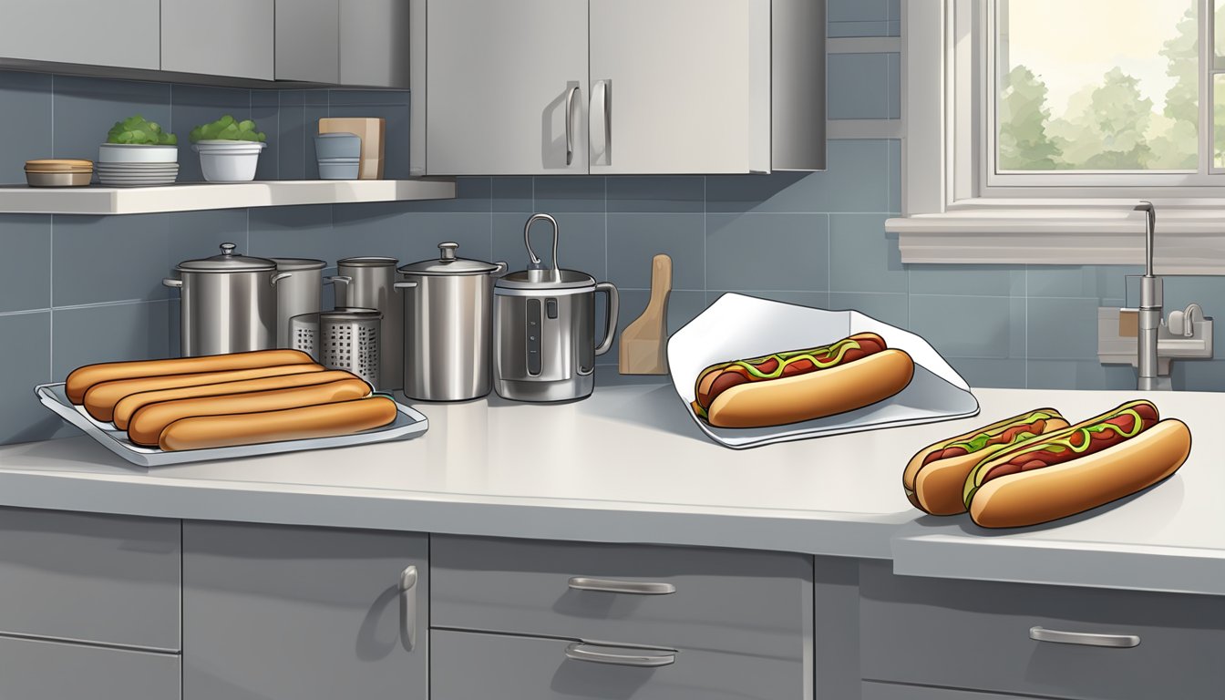 A pack of hot dogs sits on a kitchen counter, next to an open refrigerator. The refrigerator door is slightly ajar