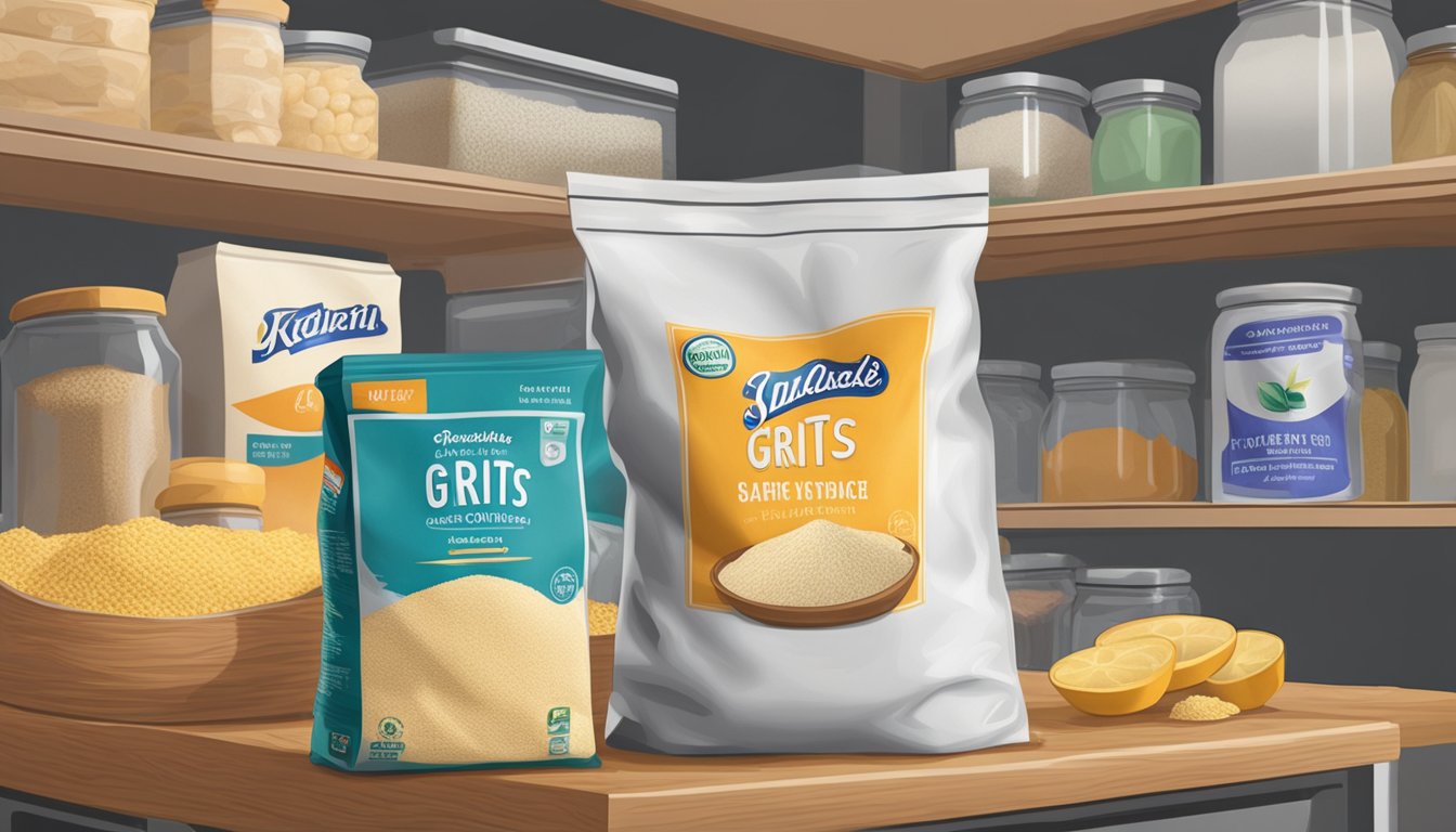 A bag of uncooked grits sits on a pantry shelf next to other dry goods. A refrigerator is visible in the background