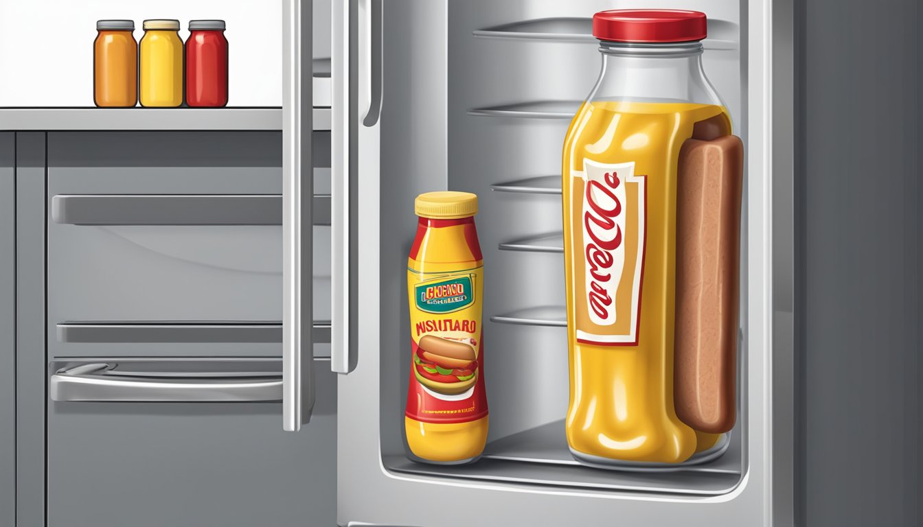 A refrigerator with an open pack of hot dogs on a shelf, next to a closed jar of mustard and a bottle of ketchup