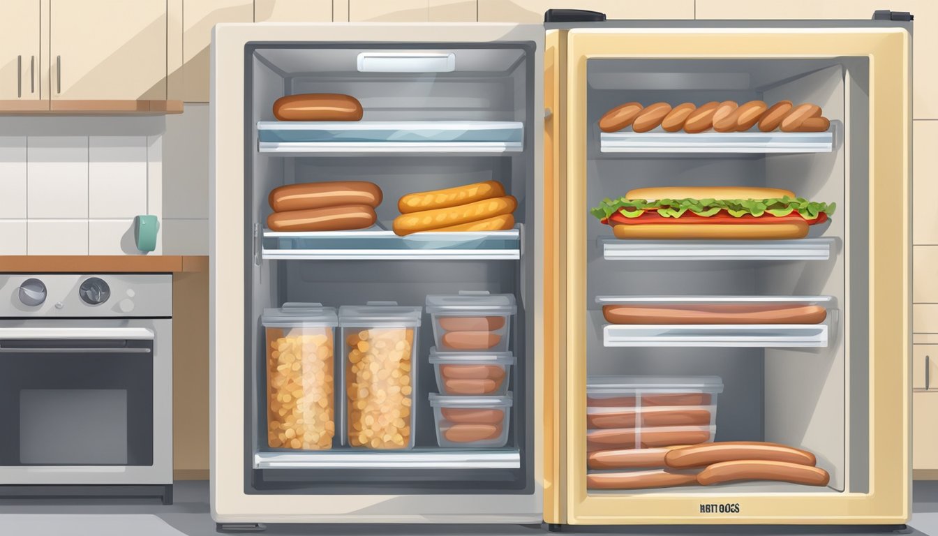 A refrigerator with hot dogs in a sealed container, alongside a labeled shelf for organized storage