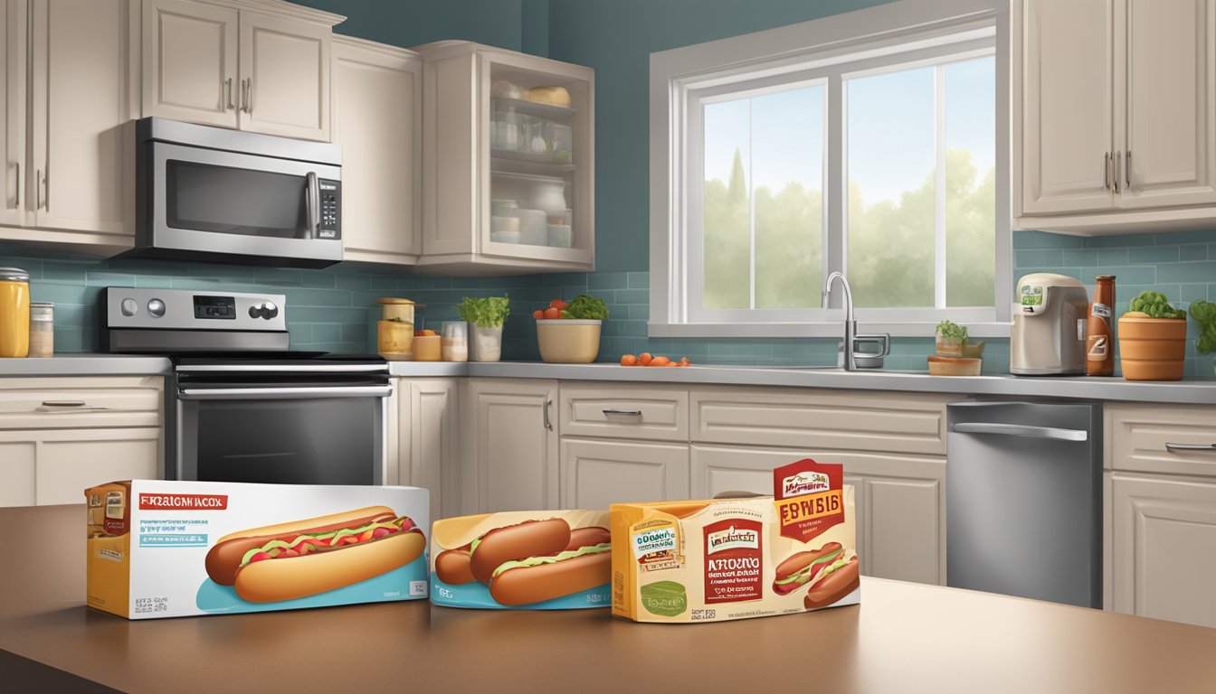 A package of hot dogs sits on a kitchen counter next to a refrigerator. The expiration date is visible on the packaging