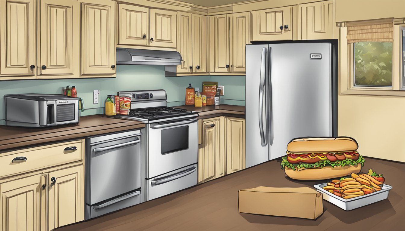 A kitchen counter with a package of hot dogs, a refrigerator, and a question mark