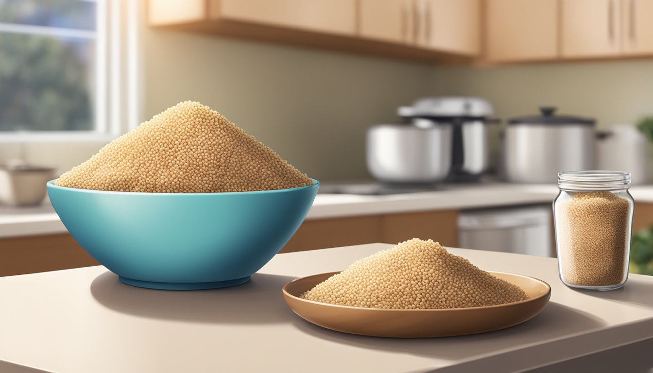 A bowl of cooked quinoa sitting on a kitchen counter next to a bag of uncooked quinoa, with a refrigerator in the background