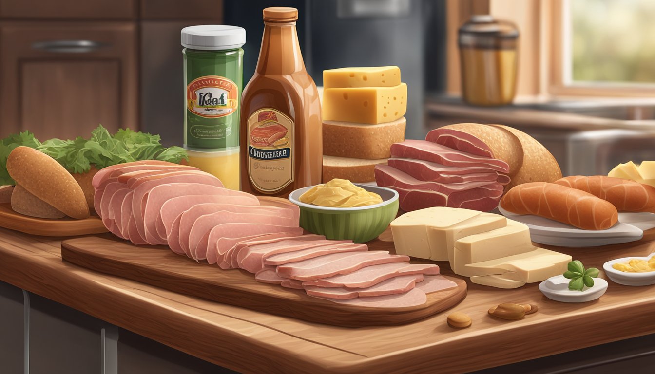 A variety of deli meats displayed on a wooden cutting board with slices of bread, cheese, and condiments. A refrigerator is in the background