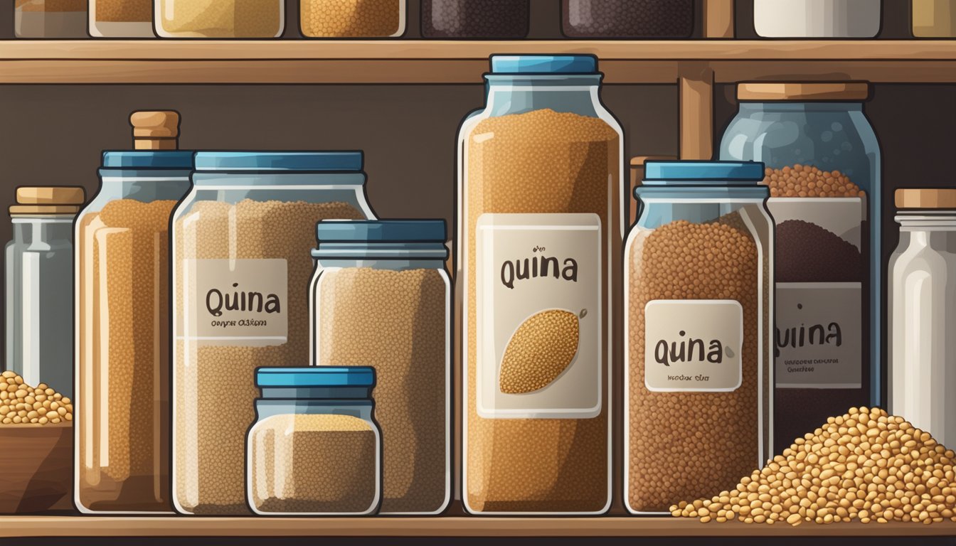 A bag of uncooked quinoa sits on a pantry shelf next to jars of other grains and legumes. The pantry is organized and well-stocked