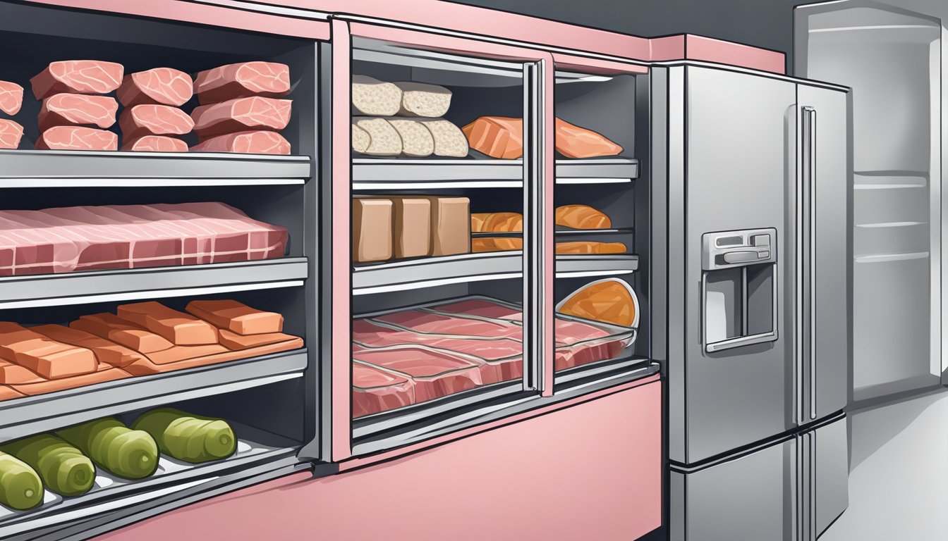 A refrigerator with neatly arranged deli meat packages on a shelf