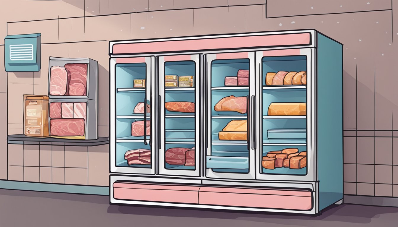 A refrigerator with neatly organized deli meat packages on a shelf