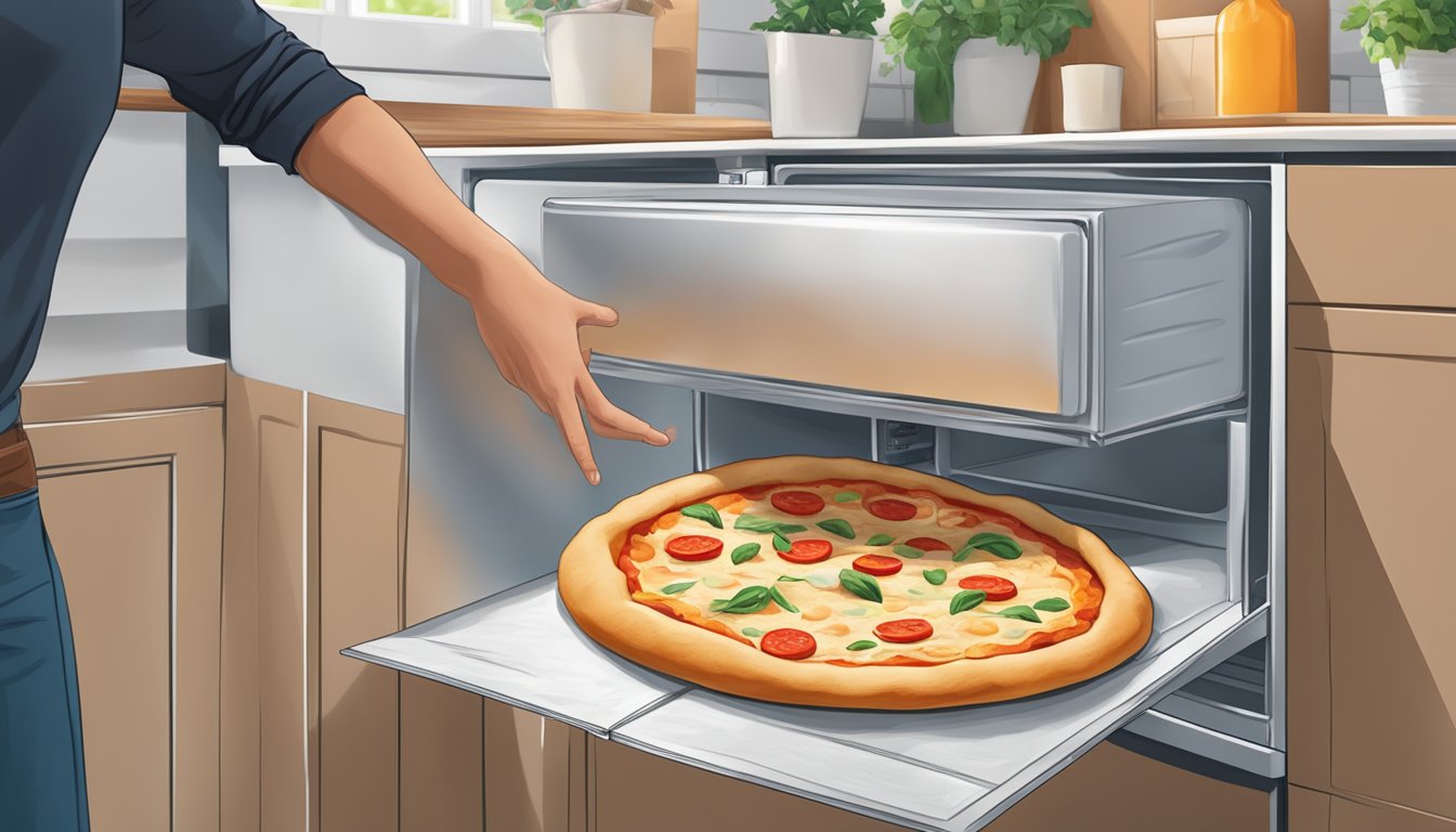 A hand reaches for a package of store-bought pizza dough on a kitchen counter, with a refrigerator in the background