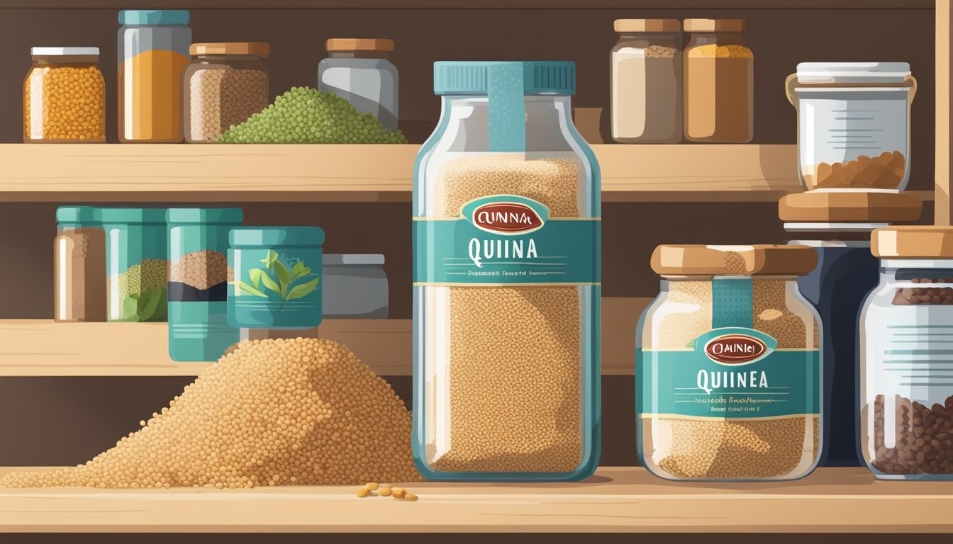 A sealed bag of quinoa sits on a pantry shelf next to a jar of spices and a can of beans. The pantry is well-organized and clean