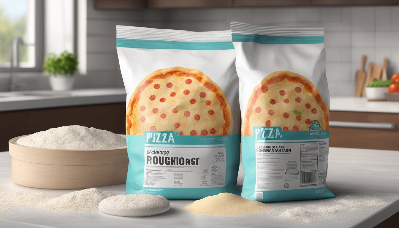 A pizza dough package sits on a kitchen counter, next to a refrigerator. The dough is partially unwrapped, with a few loose flour particles scattered around