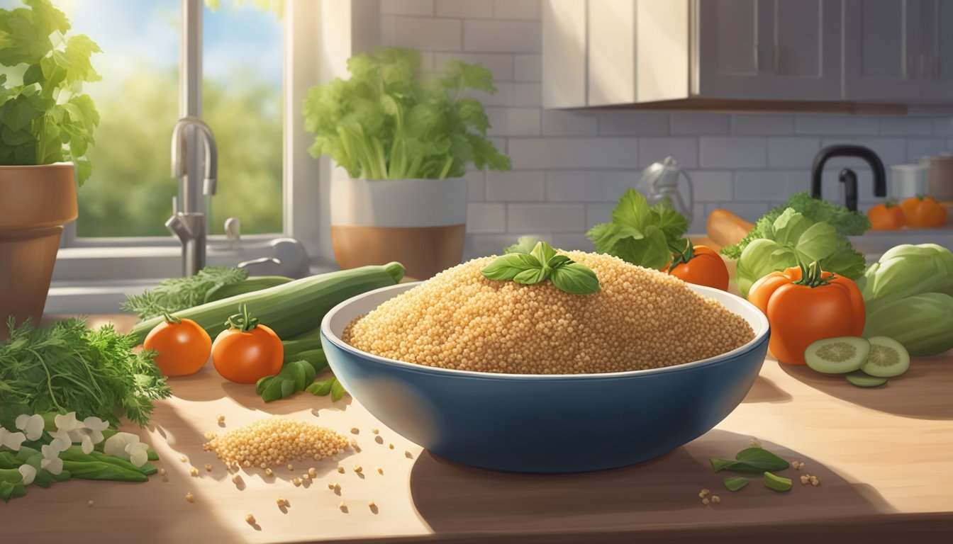 A bowl of cooked quinoa sits on a kitchen counter, surrounded by fresh vegetables and herbs. A ray of sunlight illuminates the scene, emphasizing the natural freshness and flavor of the ingredients