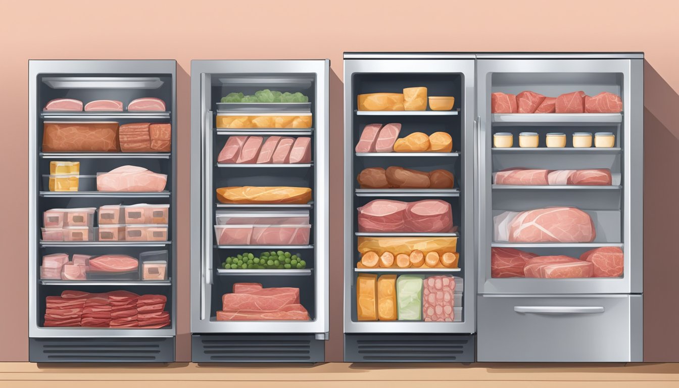 A refrigerator with neatly organized deli meat packages on a shelf