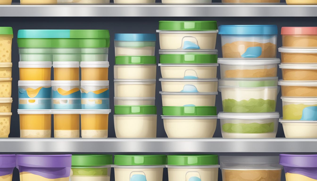 A stack of pancake batter containers, some refrigerated and some at room temperature, with varying levels of leavening agents