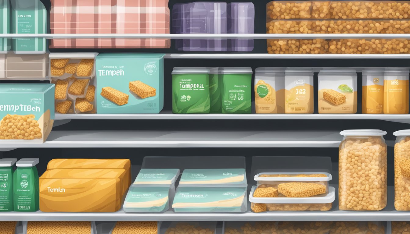 A refrigerator with a package of tempeh placed on a shelf