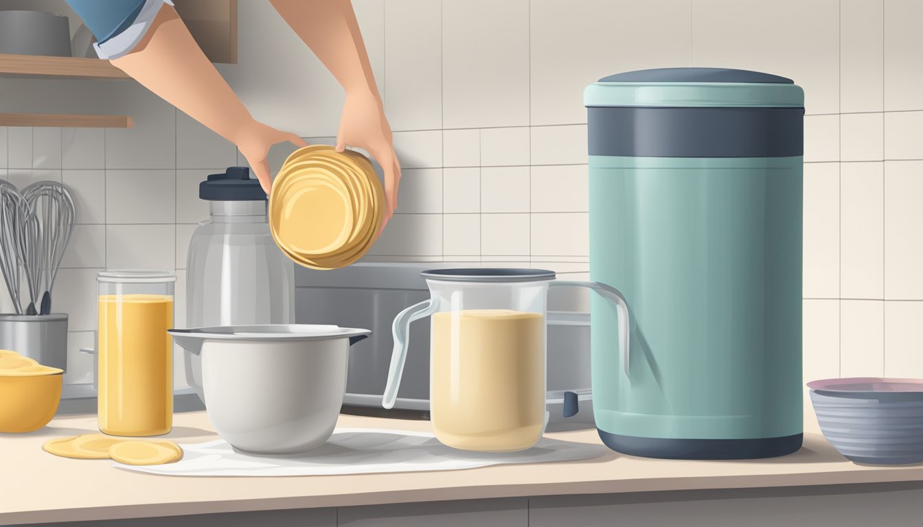 A sealed container of pancake batter sits on a kitchen counter, next to a measuring cup and mixing bowl. The refrigerator door is open, with a hand reaching for the batter