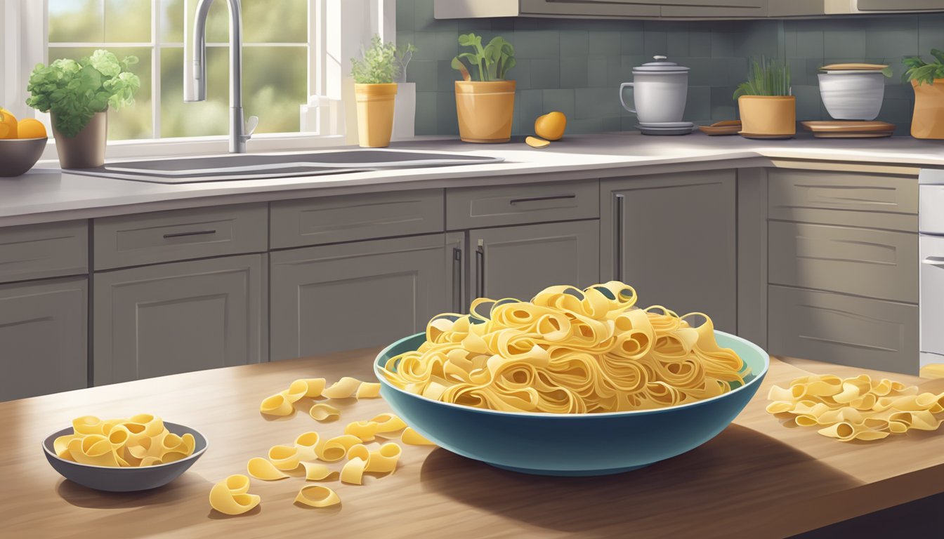 A bowl of fresh pasta sits on a kitchen counter next to an open refrigerator