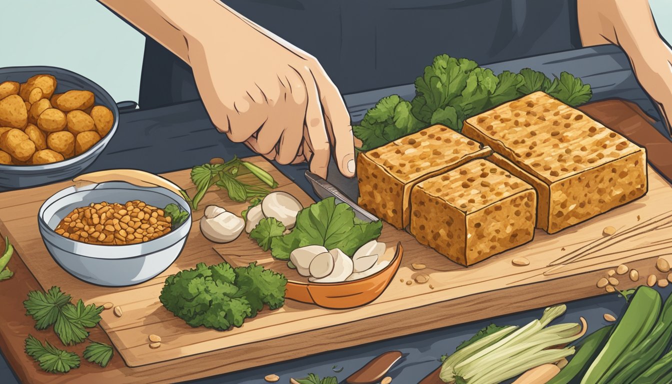 A block of tempeh sits on a cutting board, surrounded by various ingredients and cooking utensils. A hand reaches for a container of marinade nearby