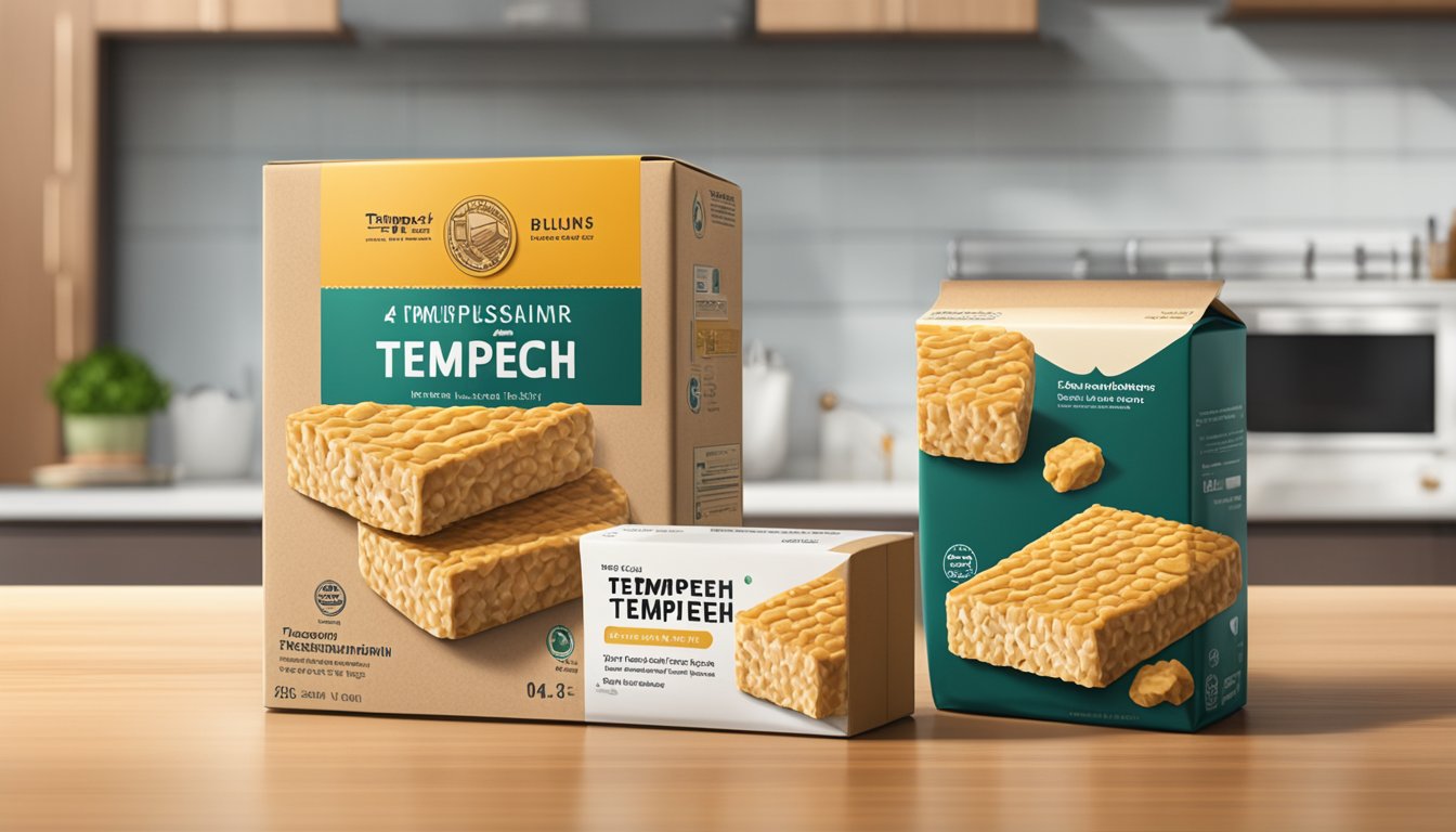 A package of tempeh sitting on a kitchen counter, with a refrigerator in the background