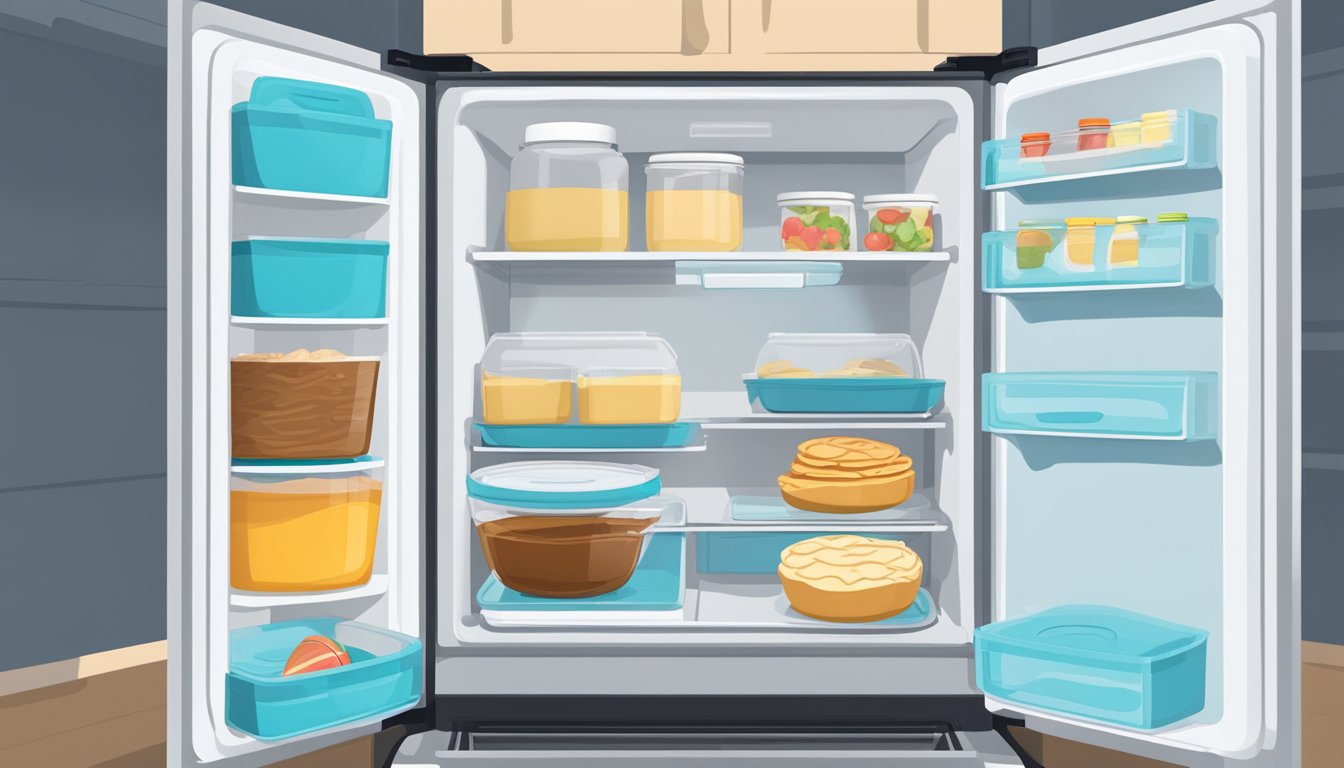 A sealed container of pancake batter sits on a shelf next to a refrigerator. The refrigerator door is open, revealing other food items inside