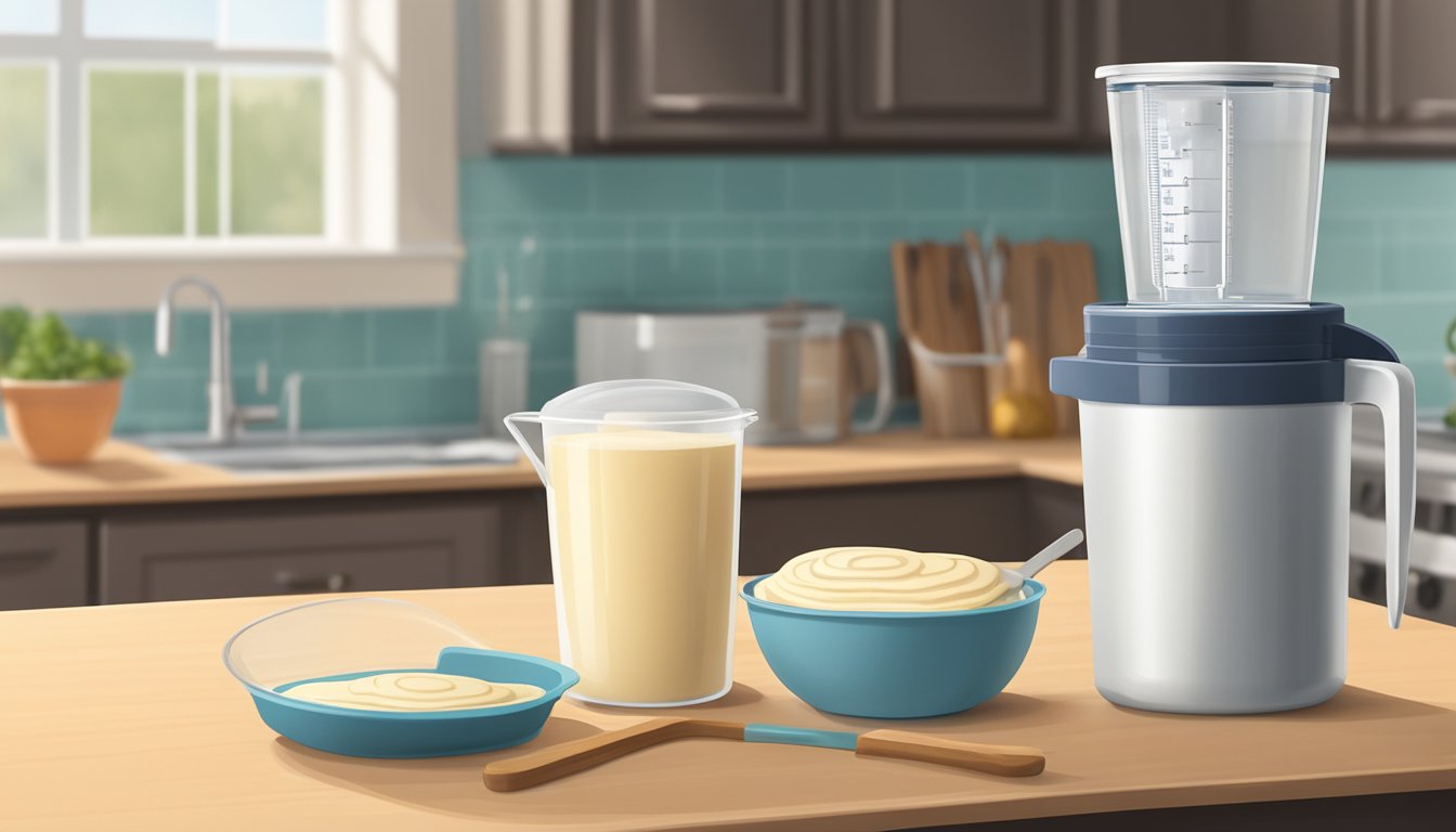 A sealed container of pancake batter sits on a kitchen counter next to a measuring cup and a whisk. A refrigerator is visible in the background