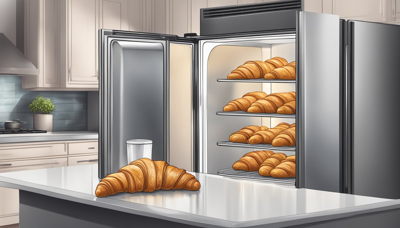 A package of croissants sits on a kitchen counter, with a refrigerator door open in the background