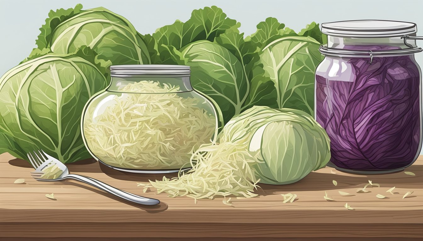 A jar of sauerkraut sits on a kitchen counter, surrounded by fresh cabbage and a few scattered caraway seeds. The jar is open, with a fork resting on the rim