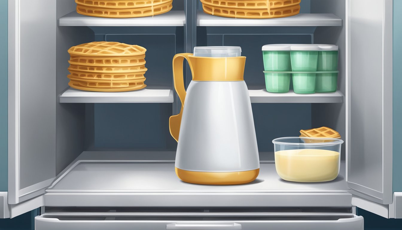 A pitcher of waffle batter sits on a shelf in a refrigerator, while a separate container of batter is left out at room temperature