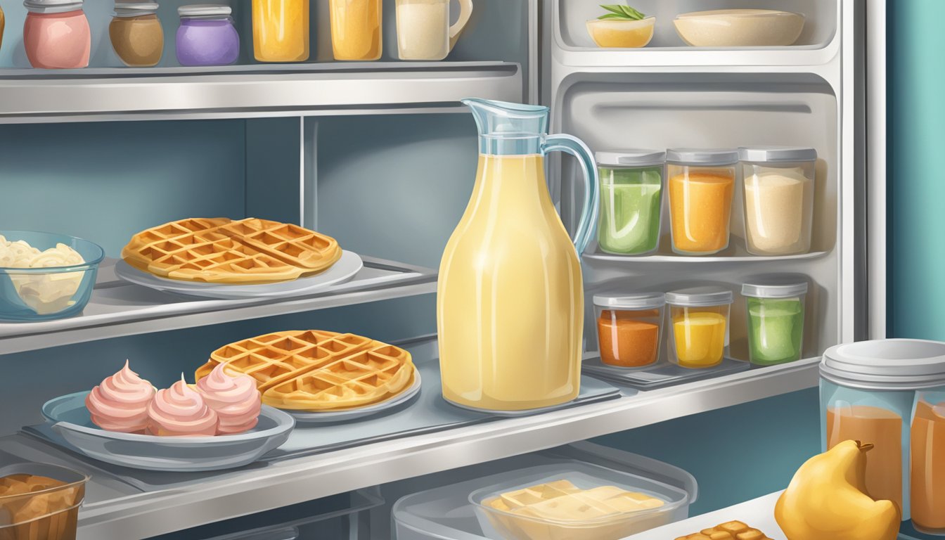 A pitcher of waffle batter sits on a shelf inside a refrigerator, surrounded by other food items