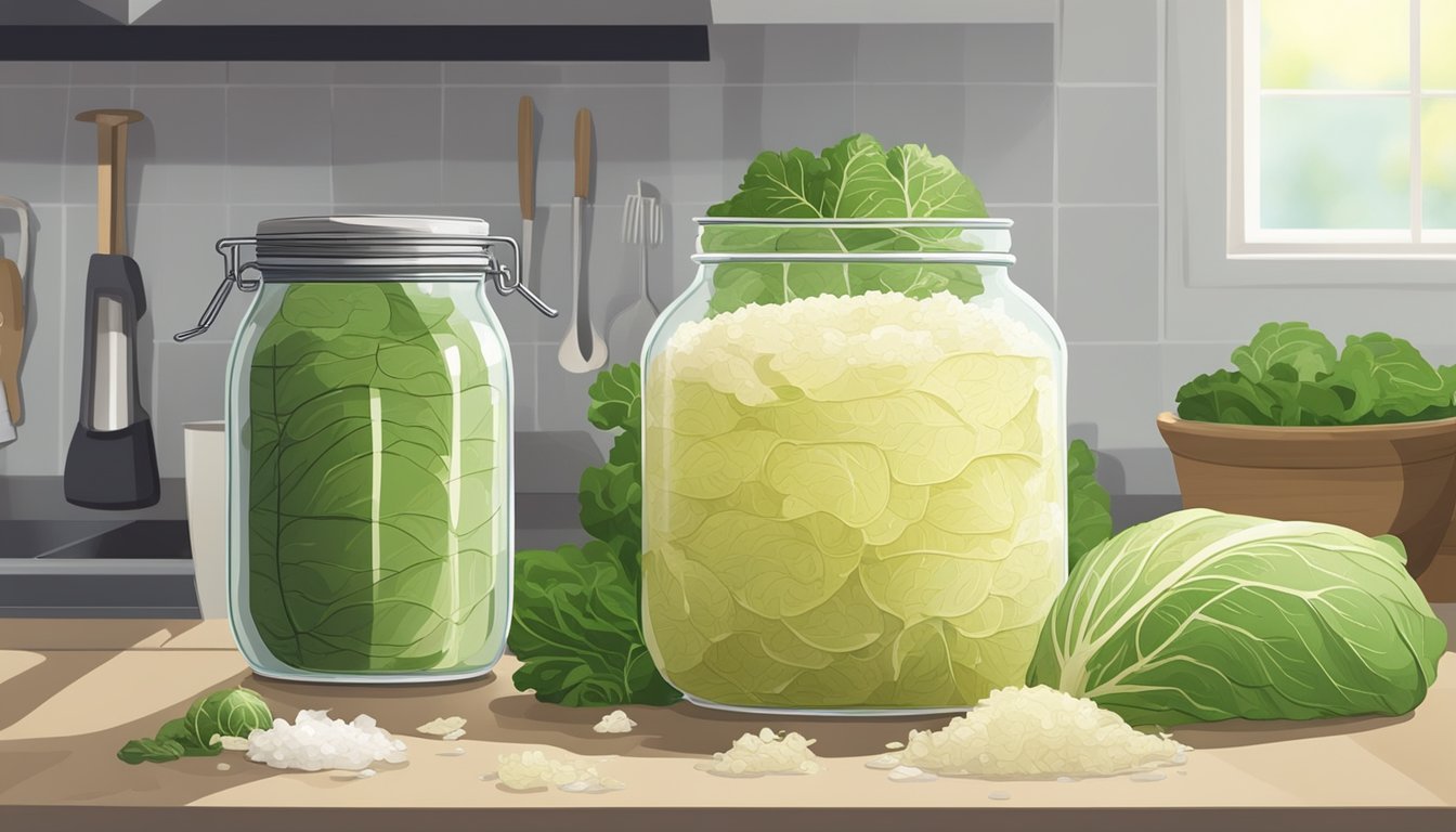 A crock of sauerkraut sits on a kitchen counter, surrounded by cabbage leaves and a jar of salt. Bubbles rise to the surface as the fermentation process occurs