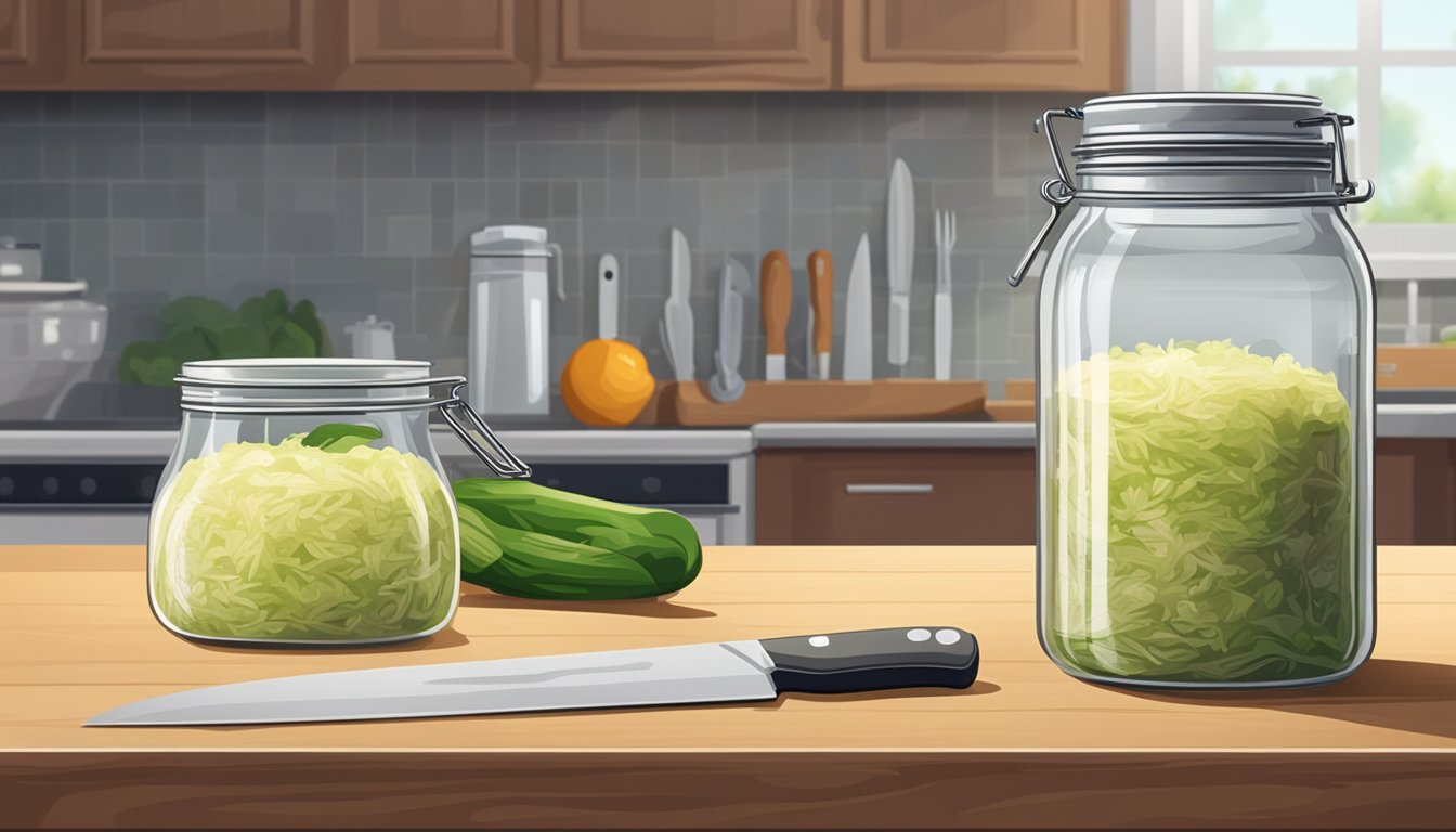 A jar of sauerkraut sits on a kitchen counter next to a cutting board and knife. A refrigerator is in the background