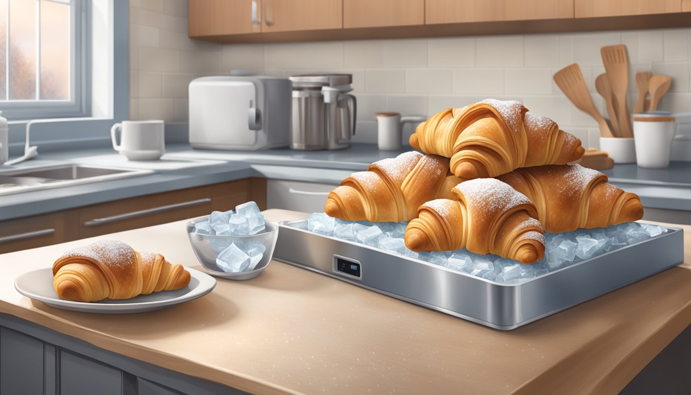 A stack of croissants sitting on a kitchen counter, surrounded by frost and ice, with a refrigerator door open in the background