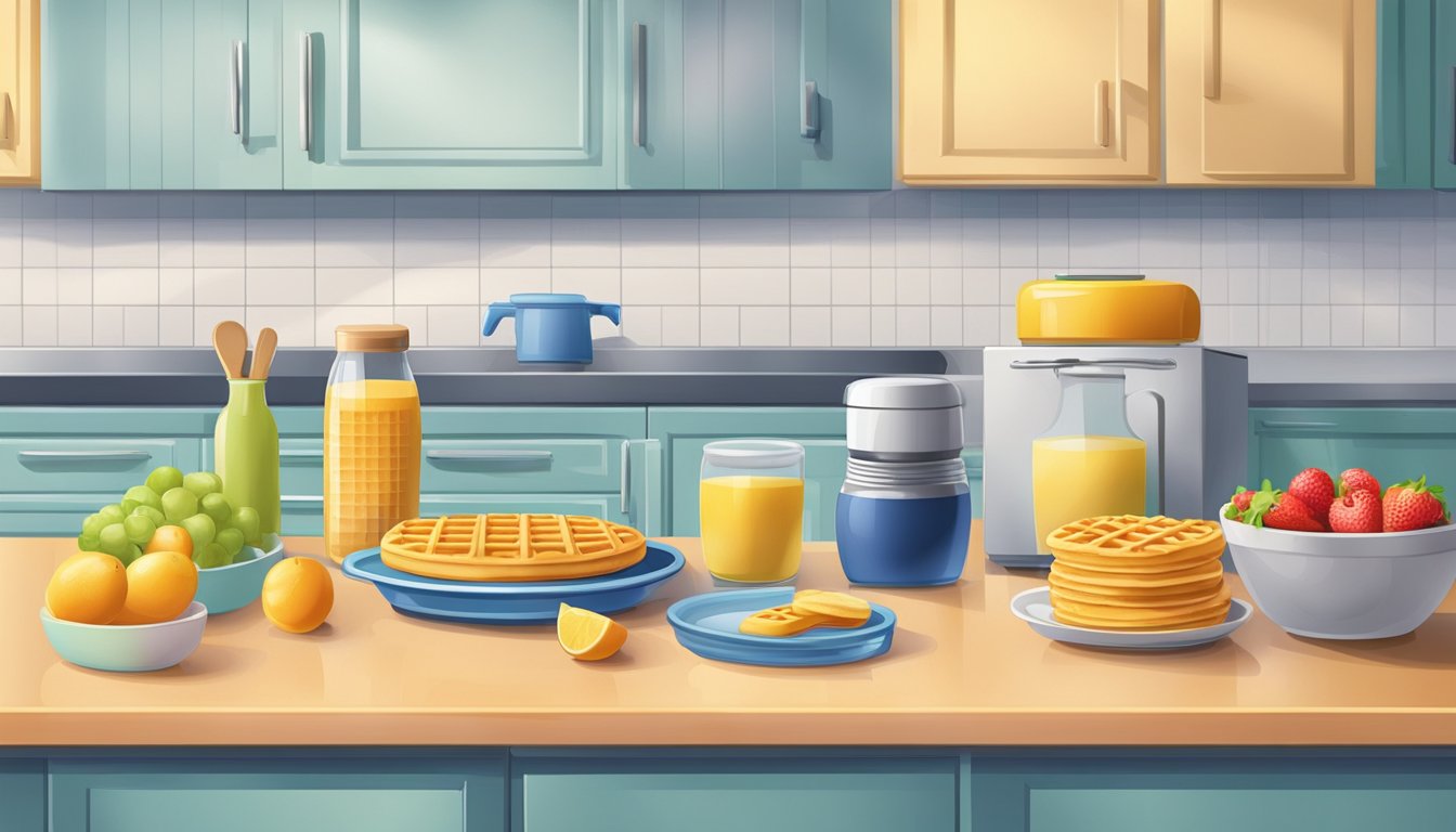 A colorful kitchen counter with a bowl of waffle batter next to a refrigerator and freezer