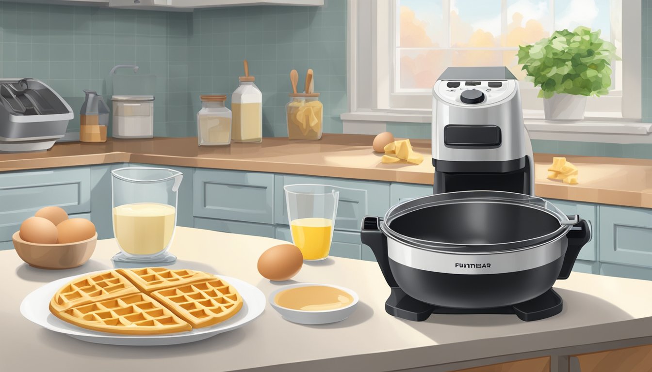 A bowl of waffle batter sits on a countertop next to a waffle iron. Ingredients like eggs, flour, and milk are scattered around. A refrigerator is in the background