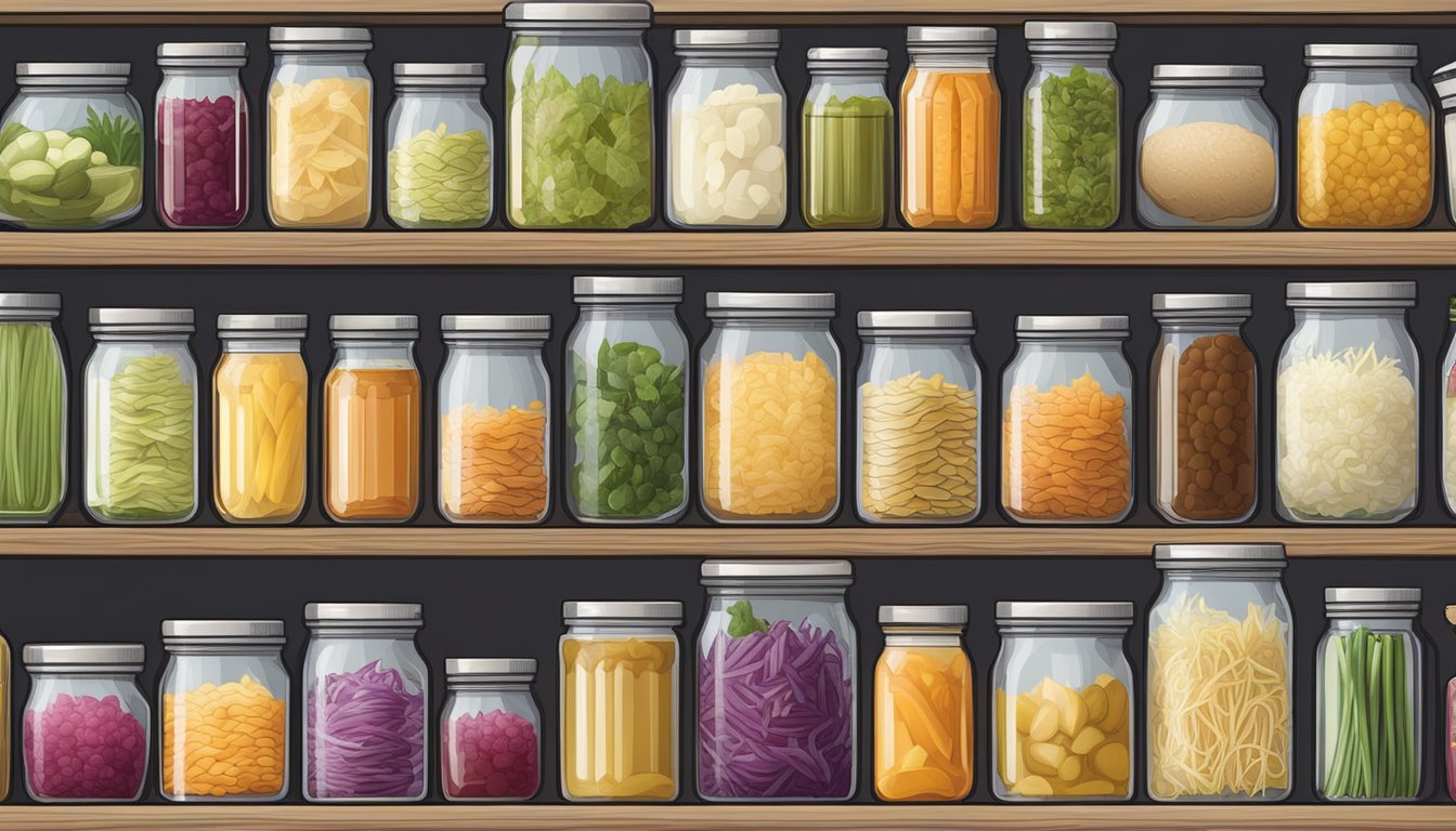 A pantry shelf with various jars of sauerkraut, some labeled as refrigerated and others as shelf-stable