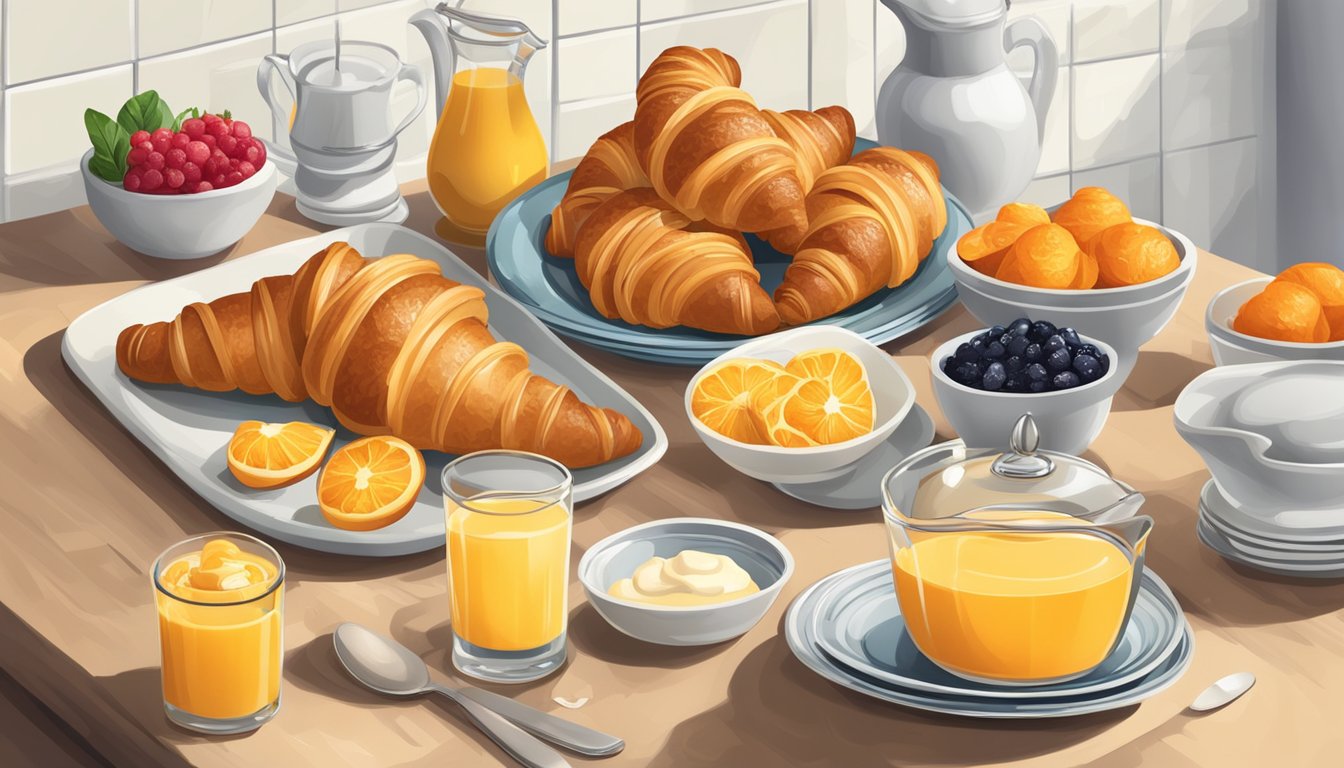 A kitchen counter with a plate of croissants surrounded by fresh ingredients like butter, jam, and a glass of orange juice