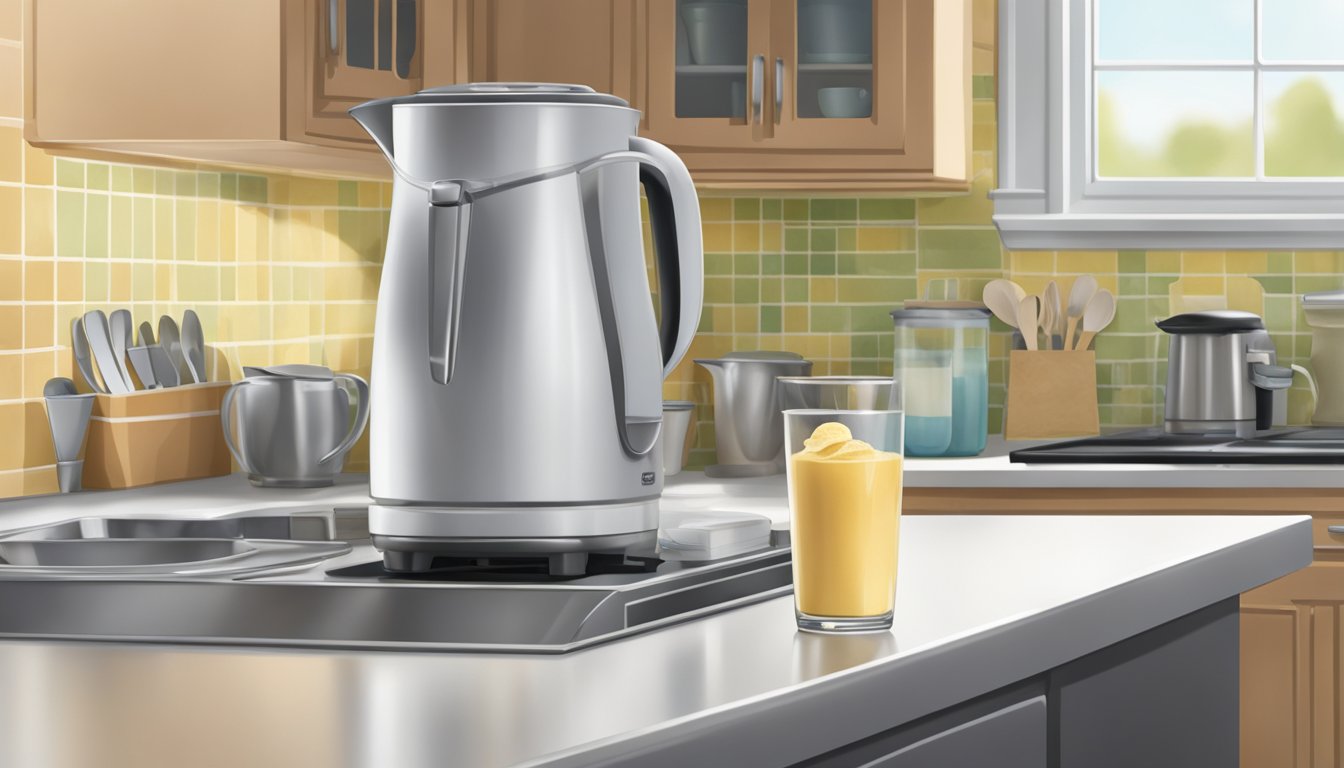 A pitcher of waffle batter sits on a kitchen counter, uncovered. A refrigerator is visible in the background