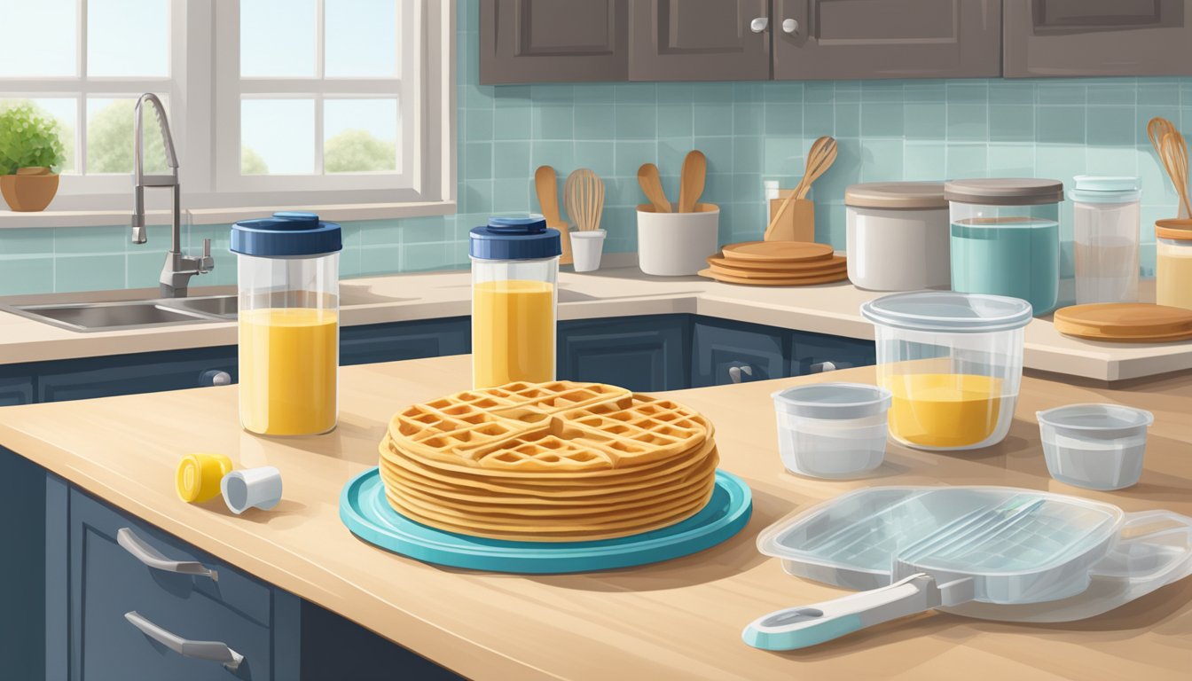 A clear plastic container filled with waffle batter sits on a kitchen counter, surrounded by measuring cups, a whisk, and a stack of waffle plates