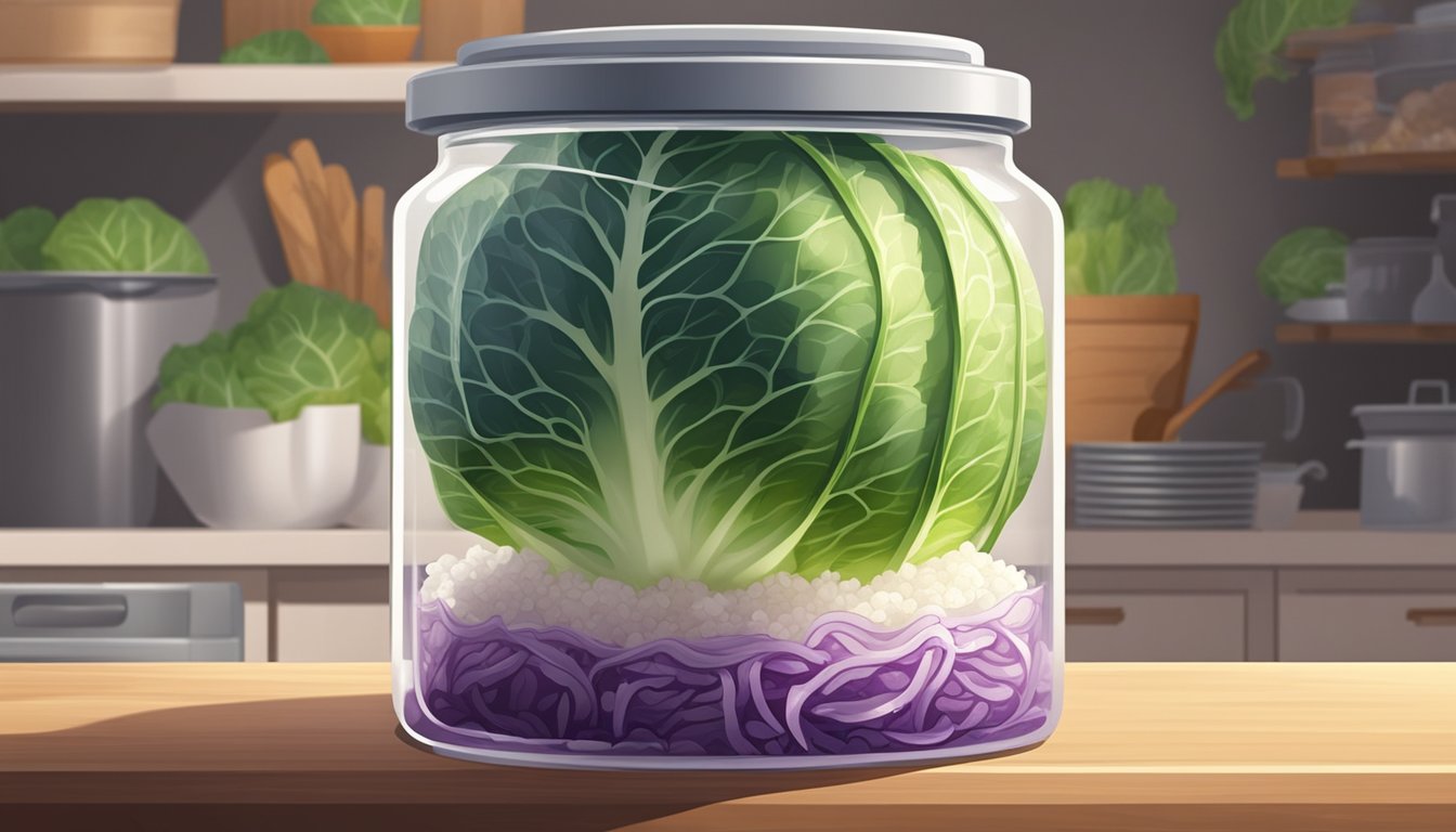 A jar of sauerkraut sits on a shelf at room temperature, with condensation forming on the inside of the lid. The cabbage is surrounded by a cloudy brine