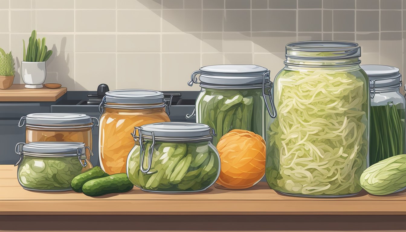 A jar of sauerkraut sits on a kitchen counter next to other fermented foods, such as kimchi and pickles. The sauerkraut is not refrigerated