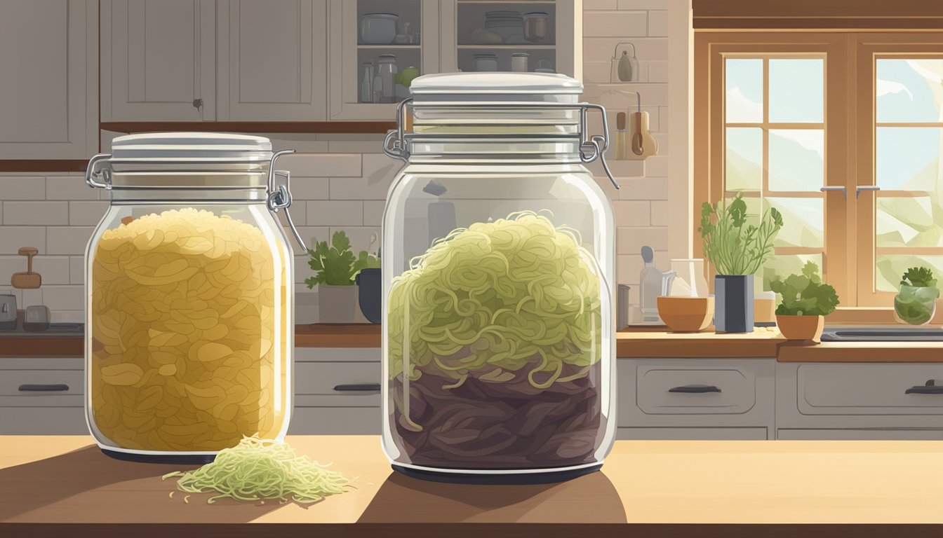 A jar of sauerkraut sits on a kitchen counter, surrounded by various fermentation supplies. The room is warm and filled with natural light, indicating the sauerkraut is being fermented at room temperature