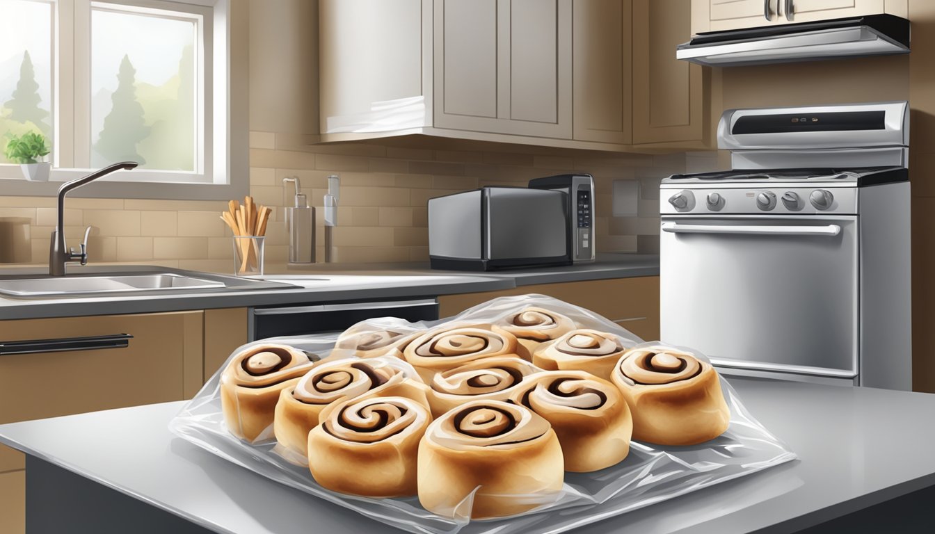 A kitchen counter with a plate of cinnamon rolls wrapped in plastic wrap, a refrigerator in the background