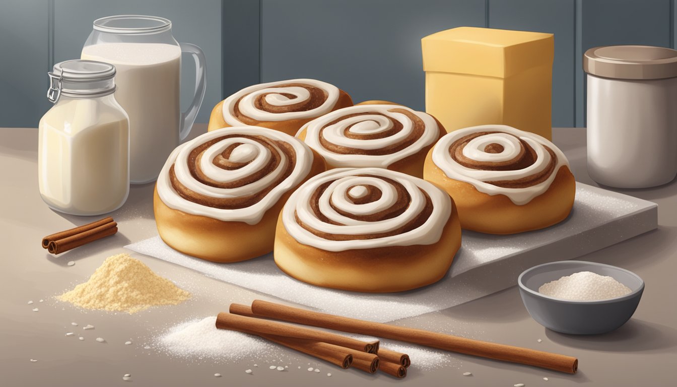 A package of unrefrigerated cinnamon rolls sits on a kitchen counter, surrounded by ingredients like flour, sugar, and a stick of butter