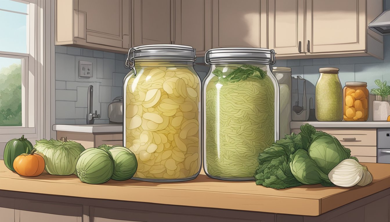 A jar of sauerkraut sits on a kitchen counter, with a refrigerator in the background. The sauerkraut is surrounded by other fermented foods and fresh produce