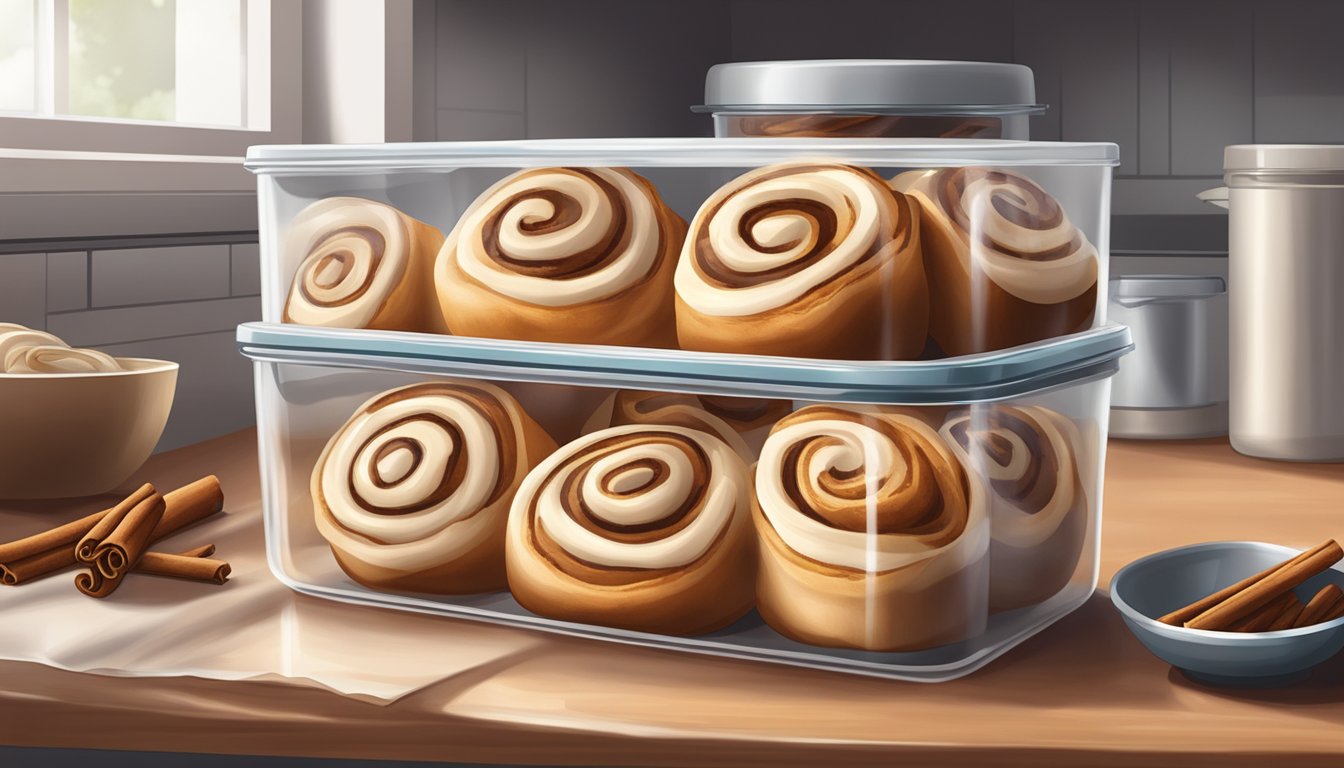 Cinnamon rolls stored in airtight container on a kitchen counter